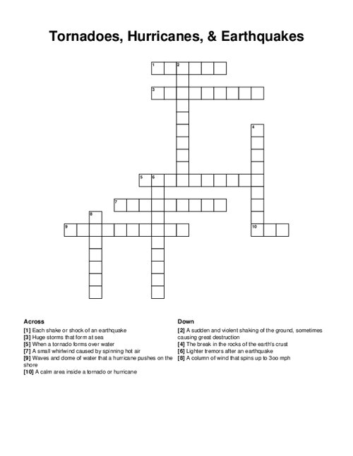 Tornadoes, Hurricanes, & Earthquakes Crossword Puzzle