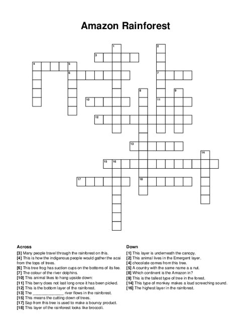 Amazon Rainforest Crossword Puzzle