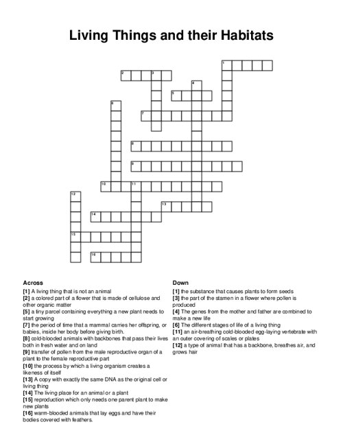 Living Things and their Habitats Crossword Puzzle