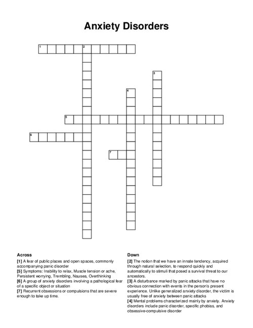 Anxiety Disorders Crossword Puzzle