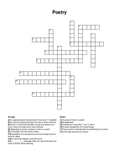 Poetry Crossword Puzzle