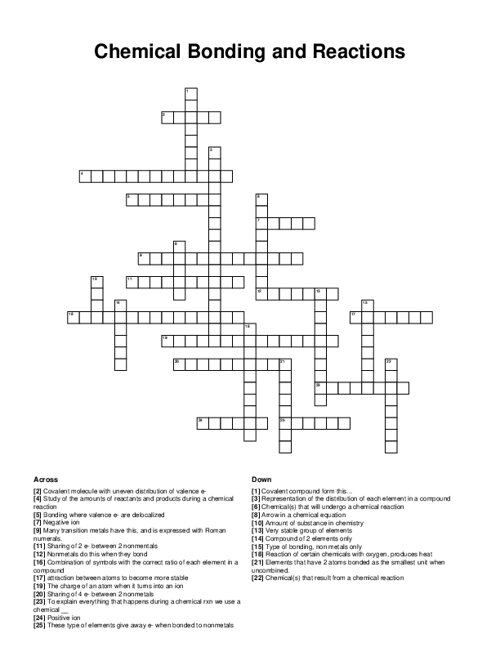 Chemical Bonding and Reactions Crossword Puzzle