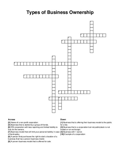 Types of Business Ownership Crossword Puzzle