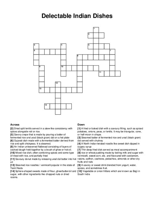 Delectable Indian Dishes Crossword Puzzle