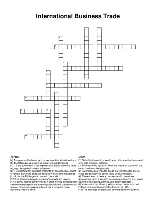 International Business Trade Crossword Puzzle