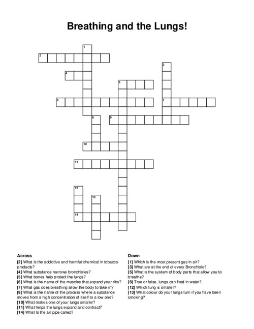 Breathing and the Lungs! Crossword Puzzle