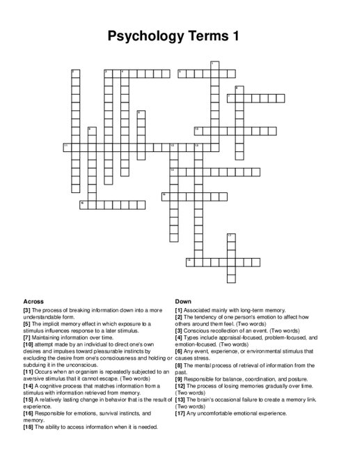 Psychology Terms 1 Crossword Puzzle