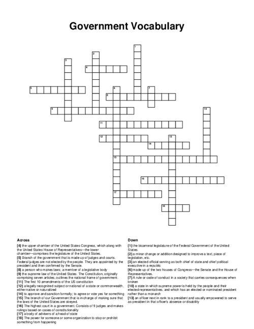 Government Vocabulary Crossword Puzzle