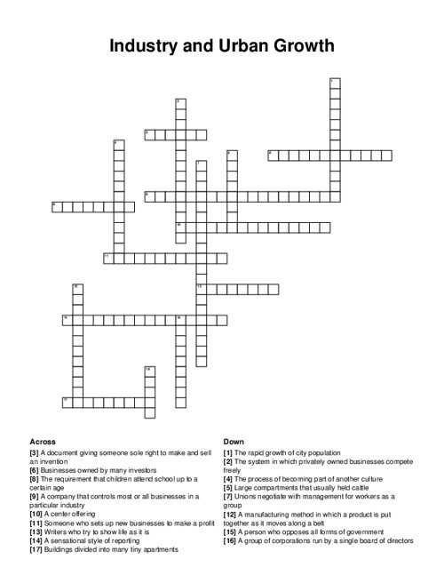 Industry and Urban Growth Crossword Puzzle