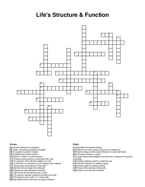 Lifes Structure & Function Crossword Puzzle