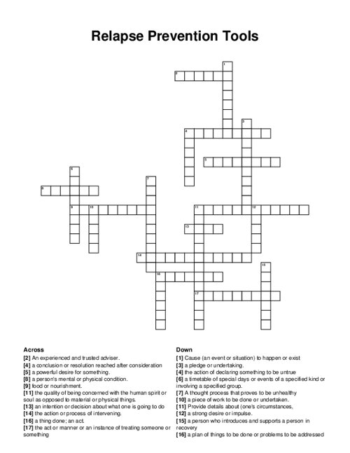 Relapse Prevention Tools Crossword Puzzle