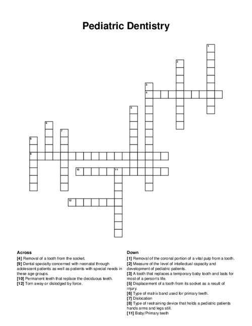 Pediatric Dentistry Crossword Puzzle