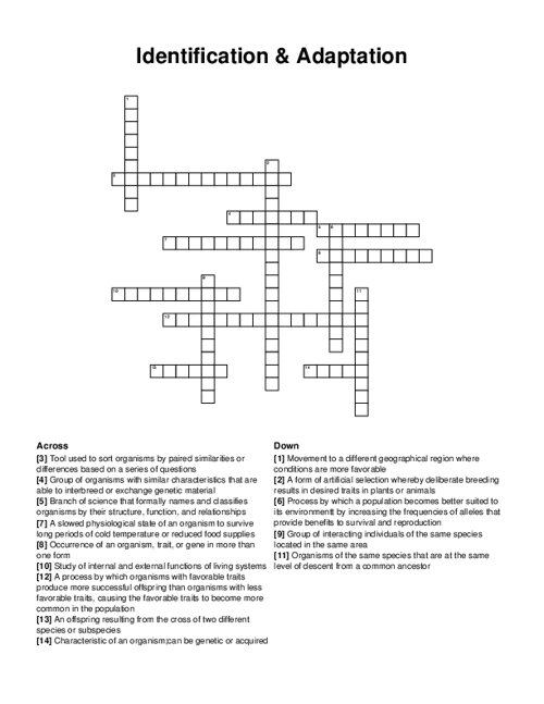 Identification & Adaptation Crossword Puzzle