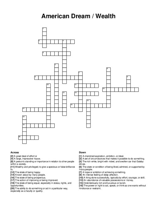 American Dream / Wealth Crossword Puzzle