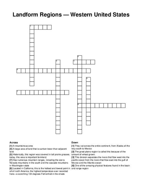 Landform Regions — Western United States Crossword Puzzle