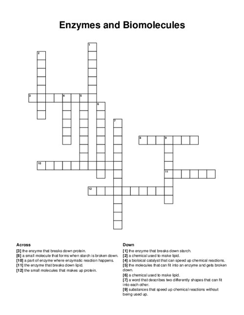Enzymes and Biomolecules Crossword Puzzle
