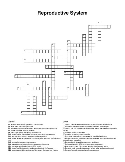 Reproductive System Crossword Puzzle