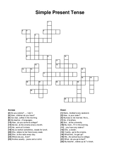 Simple Present Tense Crossword Puzzle