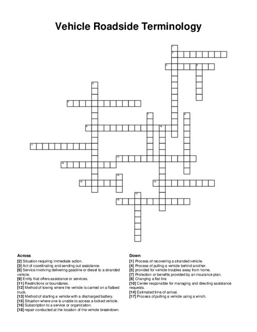 Vehicle Roadside Terminology Crossword Puzzle