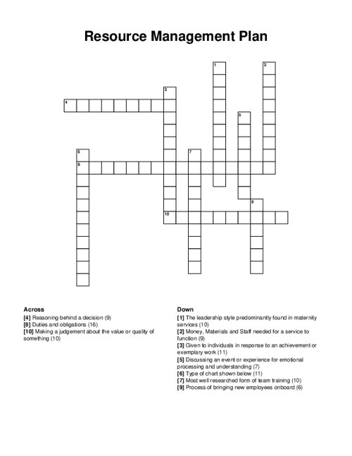 Resource Management Plan Crossword Puzzle