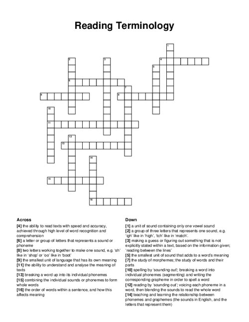 Reading Terminology Crossword Puzzle