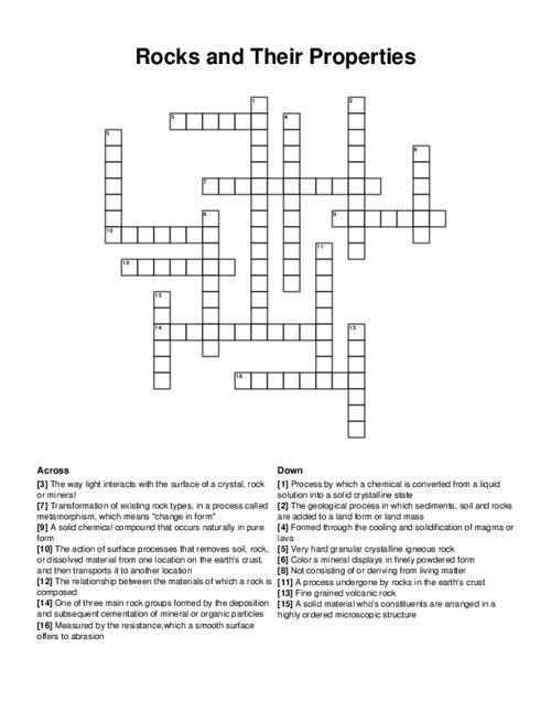 Rocks and Their Properties Crossword Puzzle