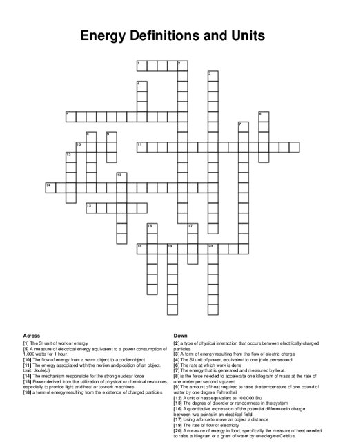 Energy Definitions and Units Crossword Puzzle