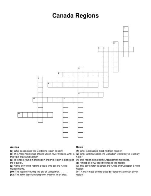 Canada Regions Crossword Puzzle