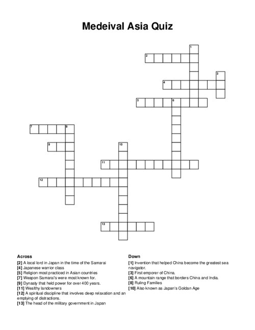 Medeival Asia Quiz Crossword Puzzle