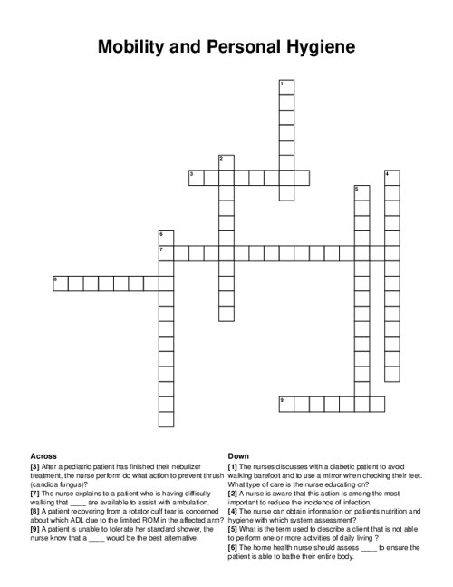 Mobility and Personal Hygiene Crossword Puzzle