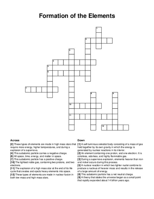 Formation of the Elements Crossword Puzzle