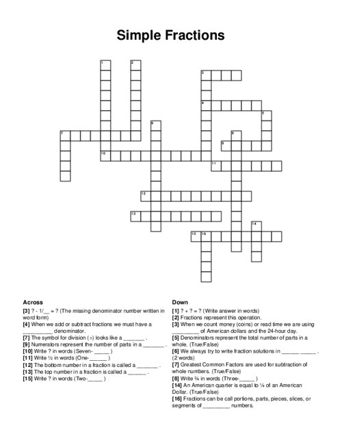 Simple Fractions Crossword Puzzle