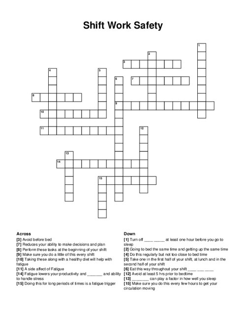 Shift Work Safety Crossword Puzzle