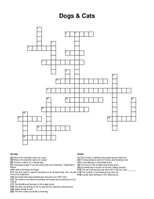 Dogs & Cats Crossword Puzzle