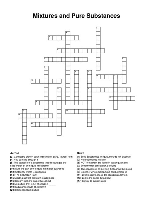 Mixtures and Pure Substances Crossword Puzzle