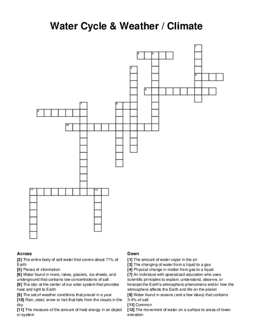 Water Cycle & Weather / Climate Crossword Puzzle