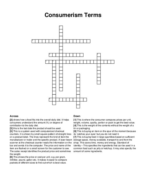 Consumerism Terms Crossword Puzzle