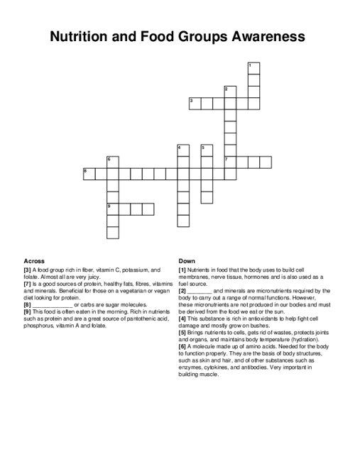 Nutrition and Food Groups Awareness Crossword Puzzle