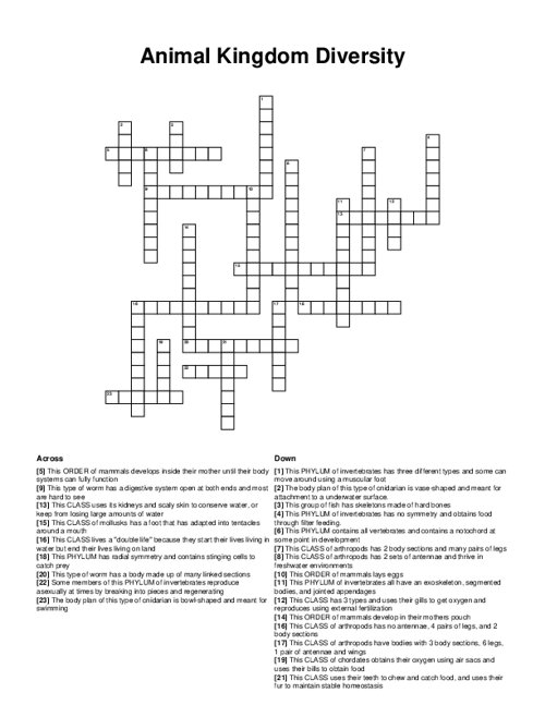 Animal Kingdom Diversity Crossword Puzzle