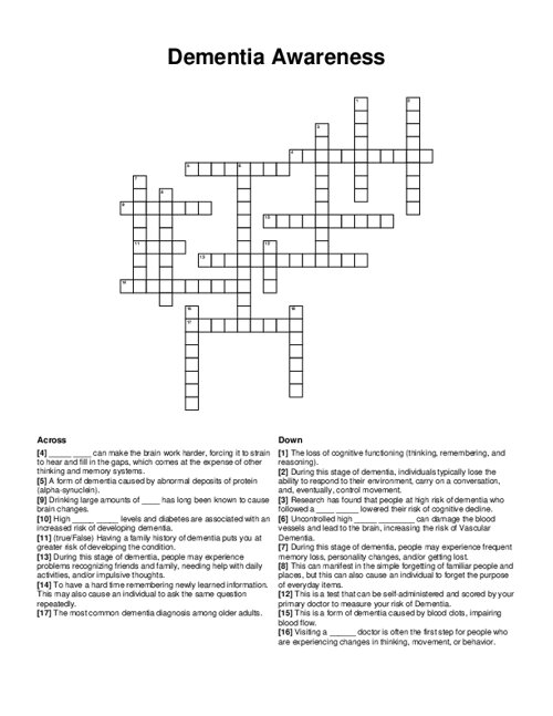 Dementia Awareness Crossword Puzzle