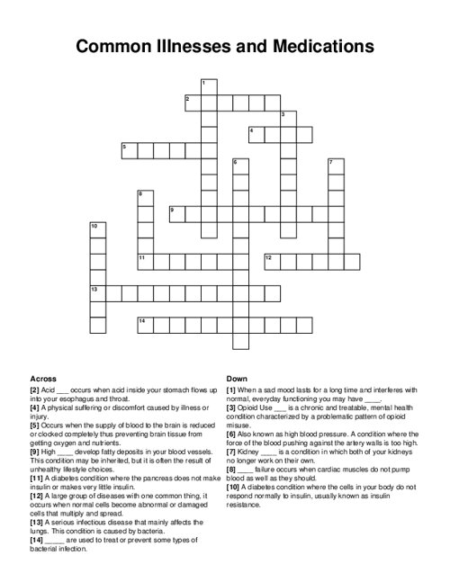 Common Illnesses and Medications Crossword Puzzle