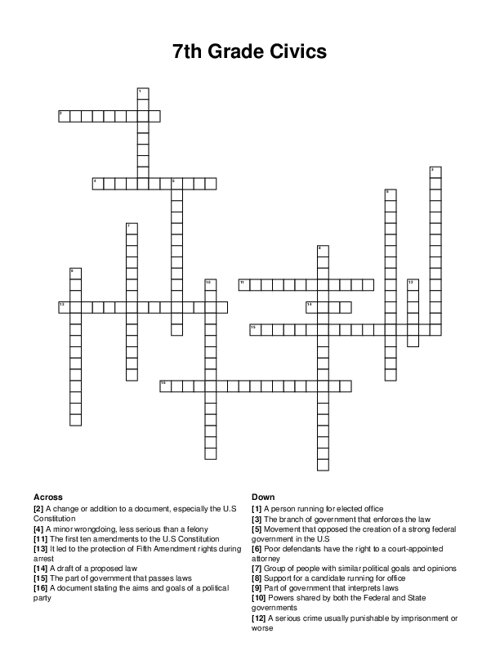 7th Grade Civics Crossword Puzzle