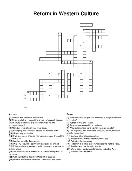 Reform in Western Culture Crossword Puzzle