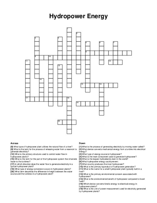 Hydropower Energy Crossword Puzzle