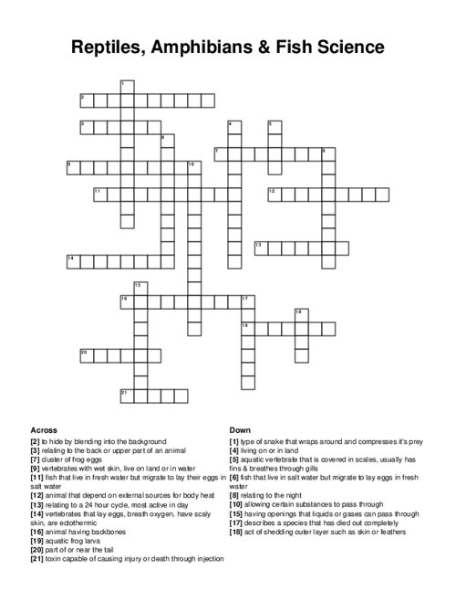 Reptiles, Amphibians & Fish Science Crossword Puzzle