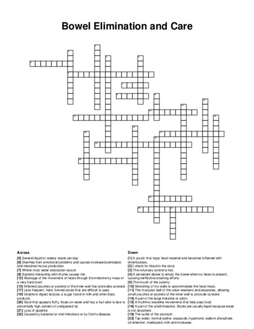 Bowel Elimination and Care Crossword Puzzle