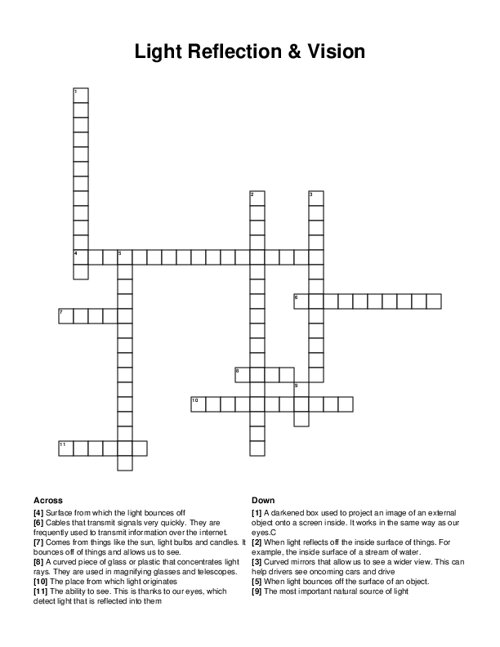 Light Reflection & Vision Crossword Puzzle