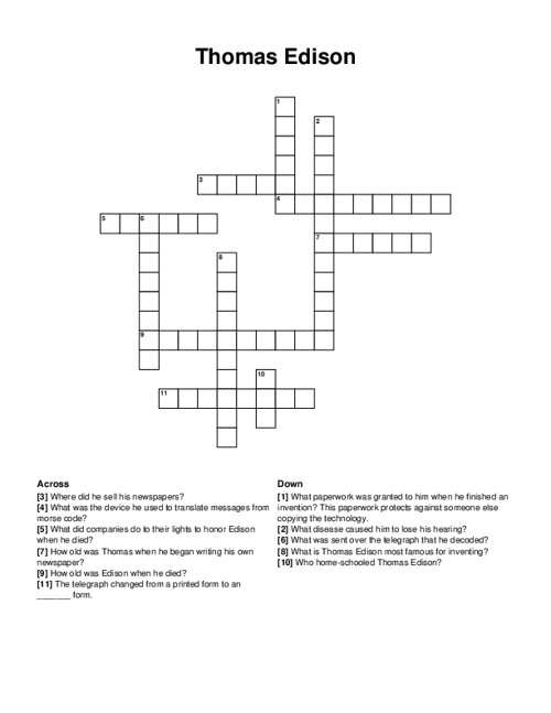 Thomas Edison Crossword Puzzle