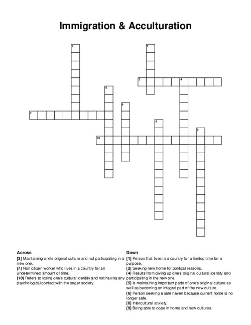 Immigration & Acculturation Crossword Puzzle