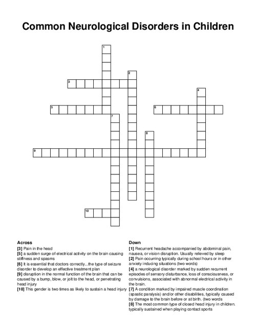 Common Neurological Disorders in Children Crossword Puzzle